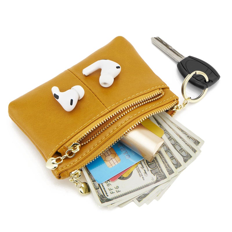 ZOOEASS Women PU Leather Zip Mini Coin Purse With Key Ring Triple Zipper Card Holder Wallet (Yellow) - Image 2